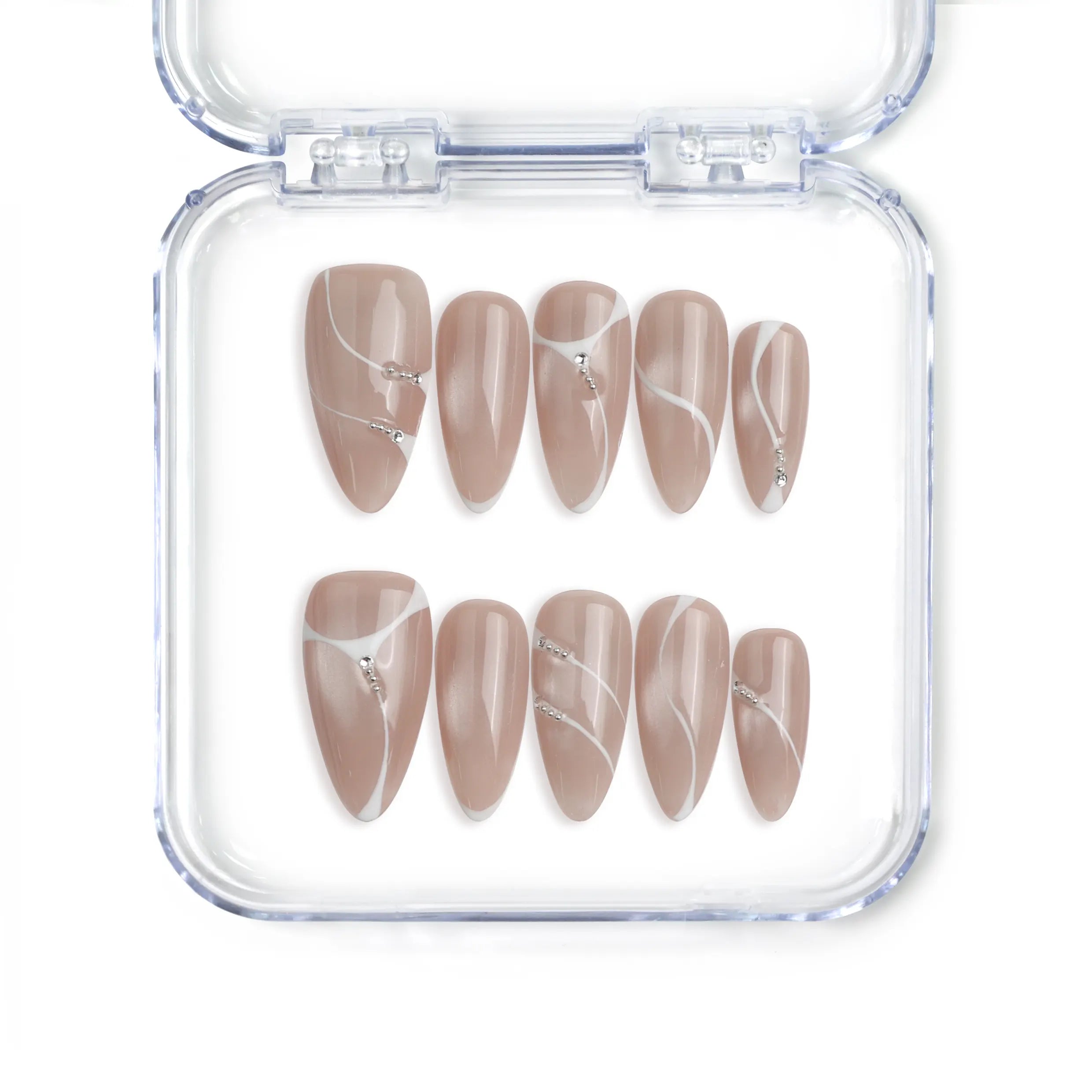 Singapore handmade press on nails in taupe with white swirl and gold accents by Naillover