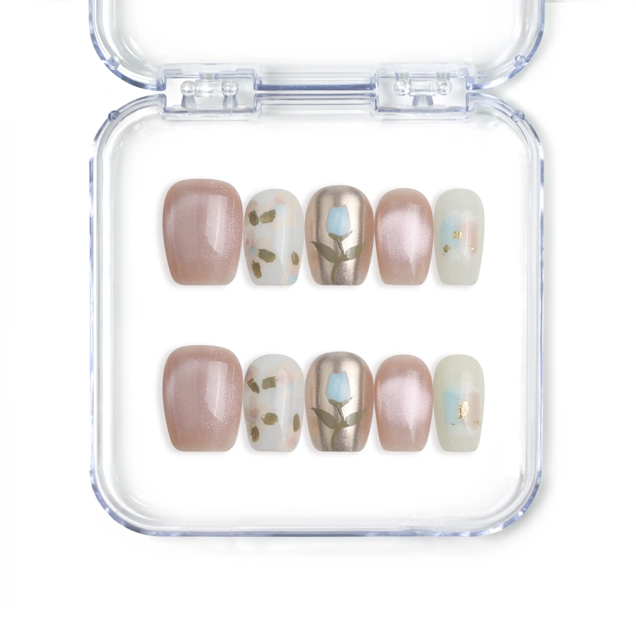 Naillover Singapore handmade short pink press on nails in square shape with delicate white floral nail art and shimmer accents