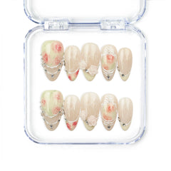 Naillover Vintage Rose Lace handmade press on nails with vintage-inspired roses, lace patterns, pearls, and rhinestones for a classic elegant style.