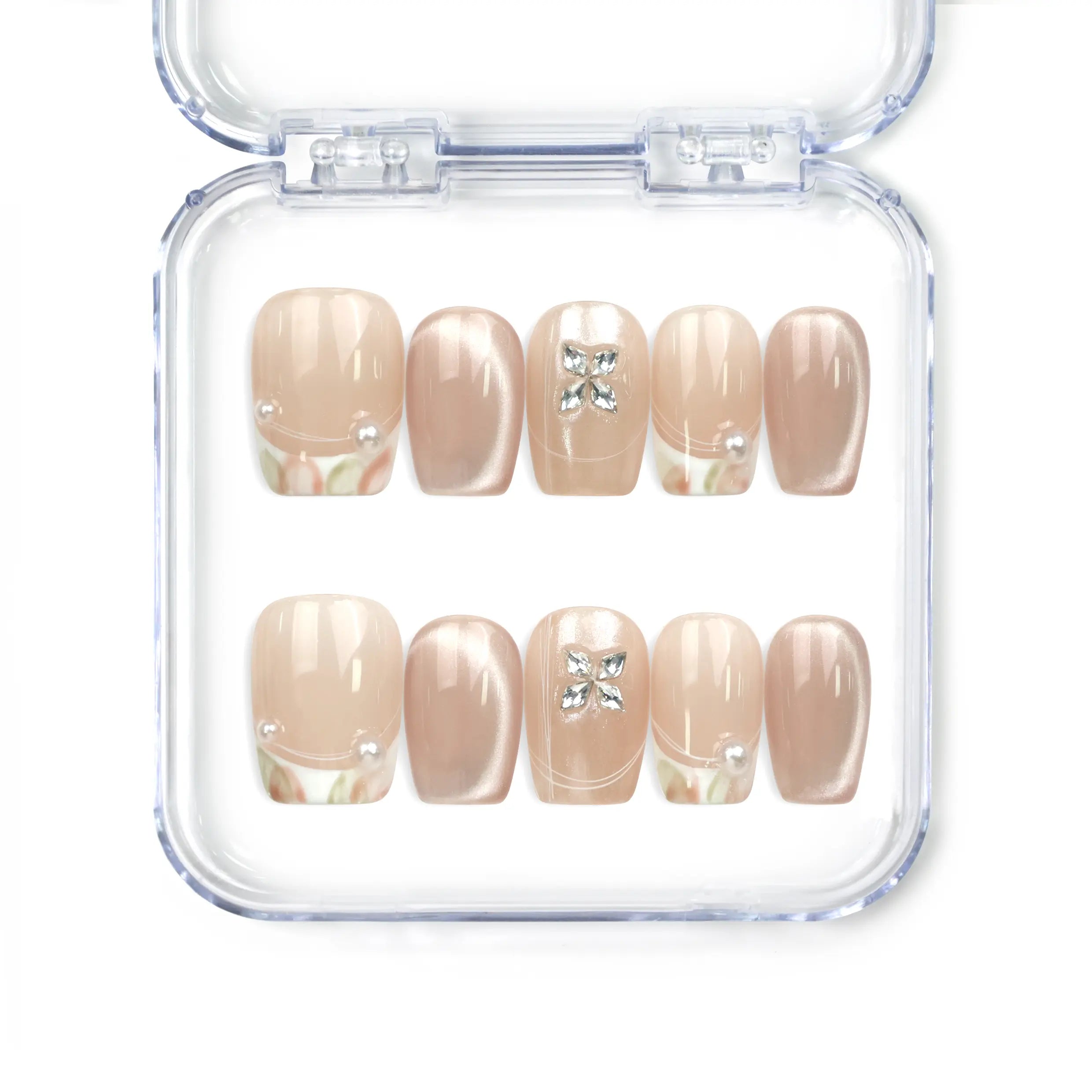 Naillover Whisper Beige handmade press on nails with sheer-to-nude gradient and silver gemstone accent from Singapore press on nails collection.