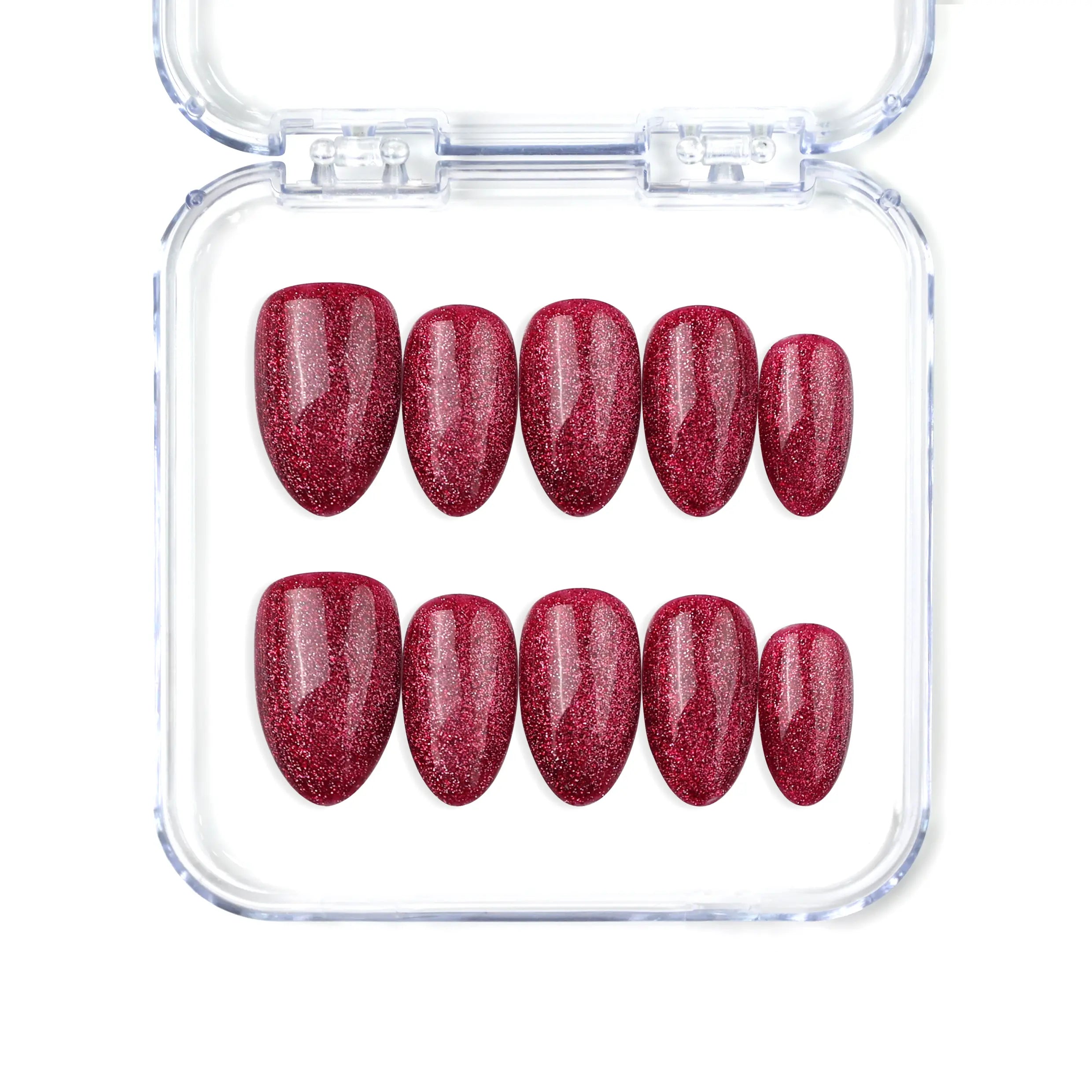 Naillover Wine Illusion handmade Singapore press on nails in wine red with almond shape and cat eye glow.