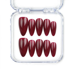 Close-up of Wine Velvet deep red almond Singapore press on nails by Naillover, featuring a glossy finish and handmade craftsmanship for a classic, elegant look.