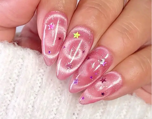 Glossy cat eye press-on nails with magnetic shimmer effect
