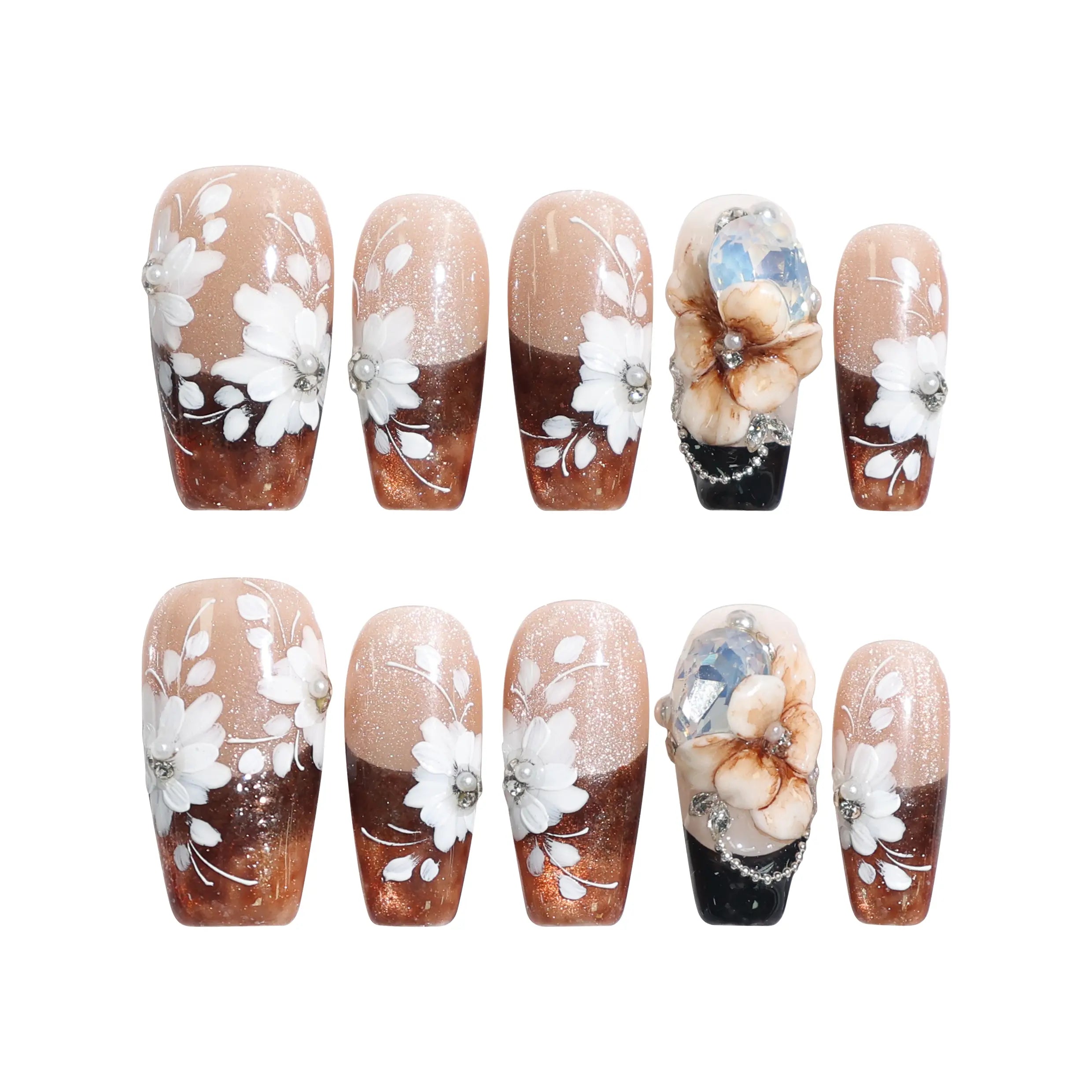 Amber Bloom handmade Singapore press on nails with amber base, floral accents, and rhinestones on white background