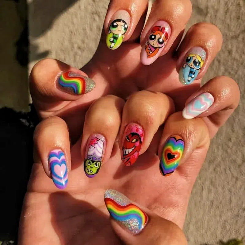 Anime Custom Singapore handmade press on nails with colorful character-inspired designs