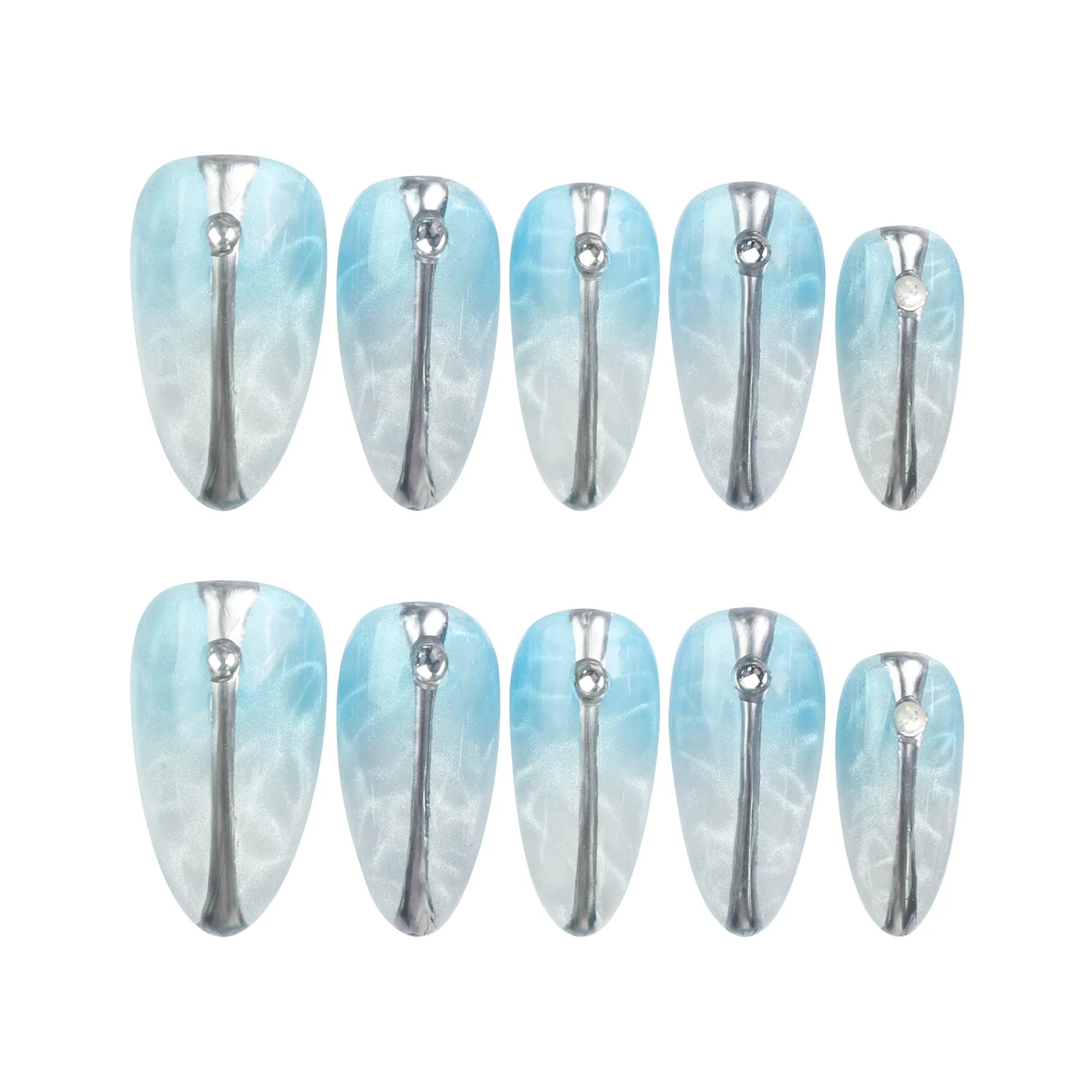 Aqua Wave handmade press on nails set displayed on white background with soft lighting