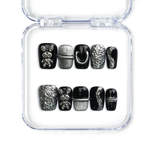 Naillover Singapore press on nails in black with silver 3D bunny charms and glossy finish, handmade short coffin style