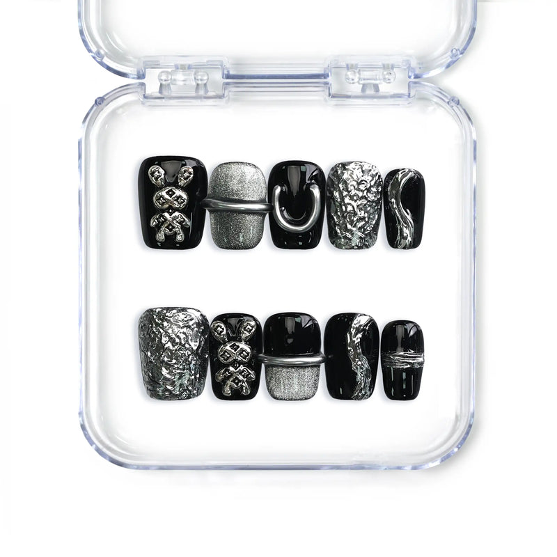 Naillover Singapore press on nails in black with silver 3D bunny charms and glossy finish, handmade short coffin style
