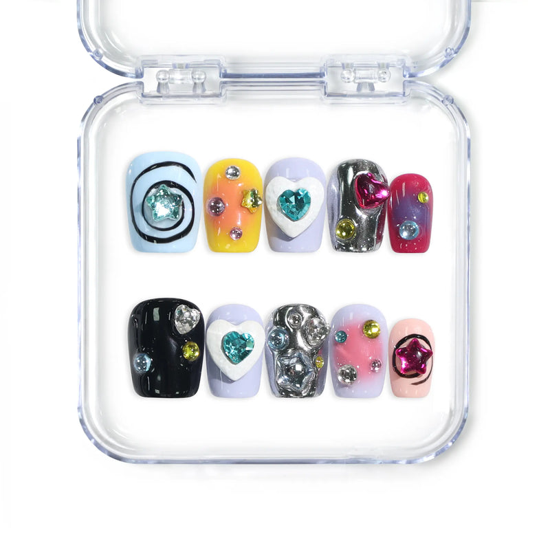 Colorful coffin-shaped Singapore press on nails with heart gems and abstract patterns – handmade press on nails by naillover