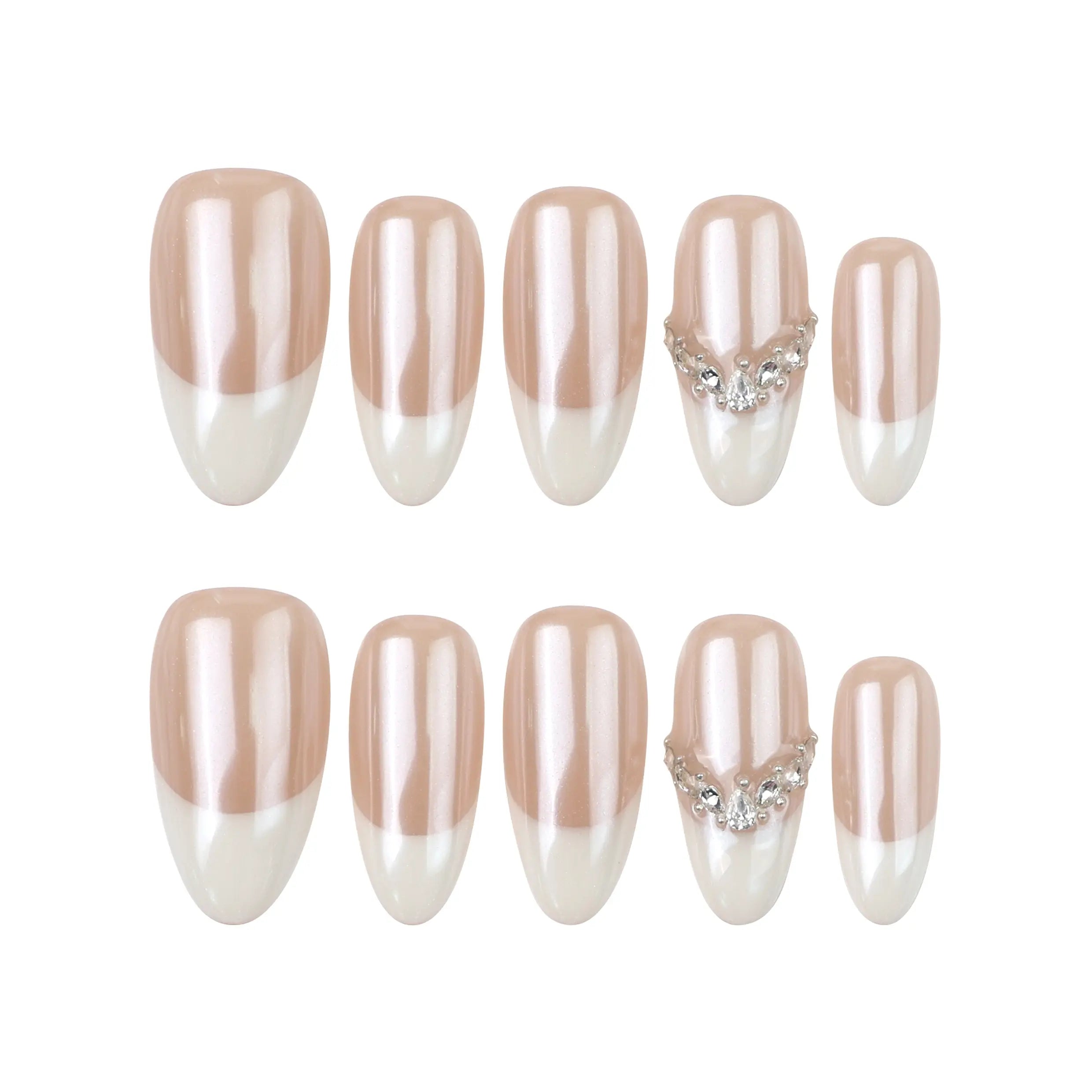 Product display of Naillover’s Singapore handmade press-on nail set featuring pink-to-white gradient and crystal art