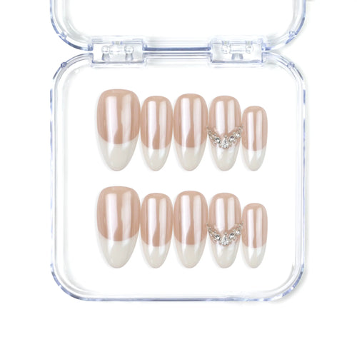 Naillover handmade Singapore press on nails in almond shape with pink to white ombré and rhinestone detail