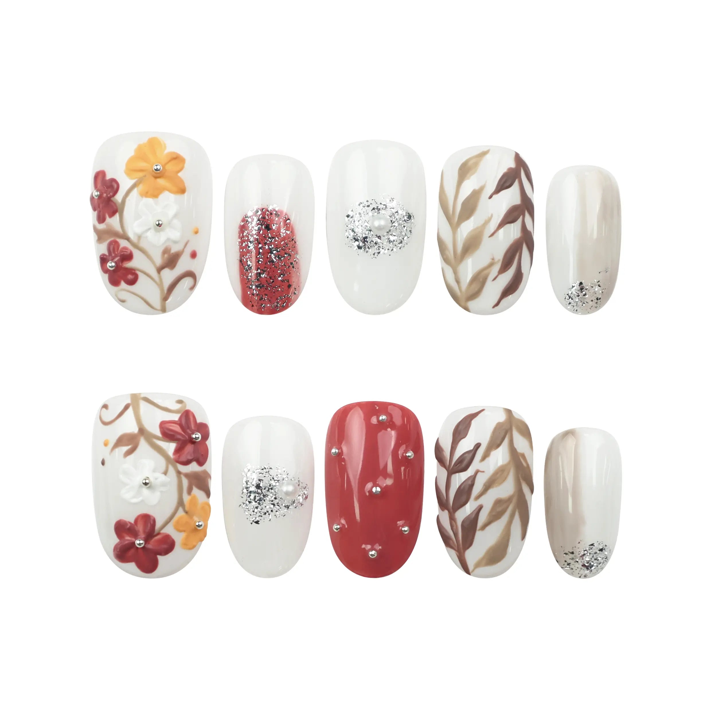 Flat lay of Naillover Autumn Floral Sparkle press on nails set, showing earthy tones, floral and leaf motifs, and glitter rhinestone accents.