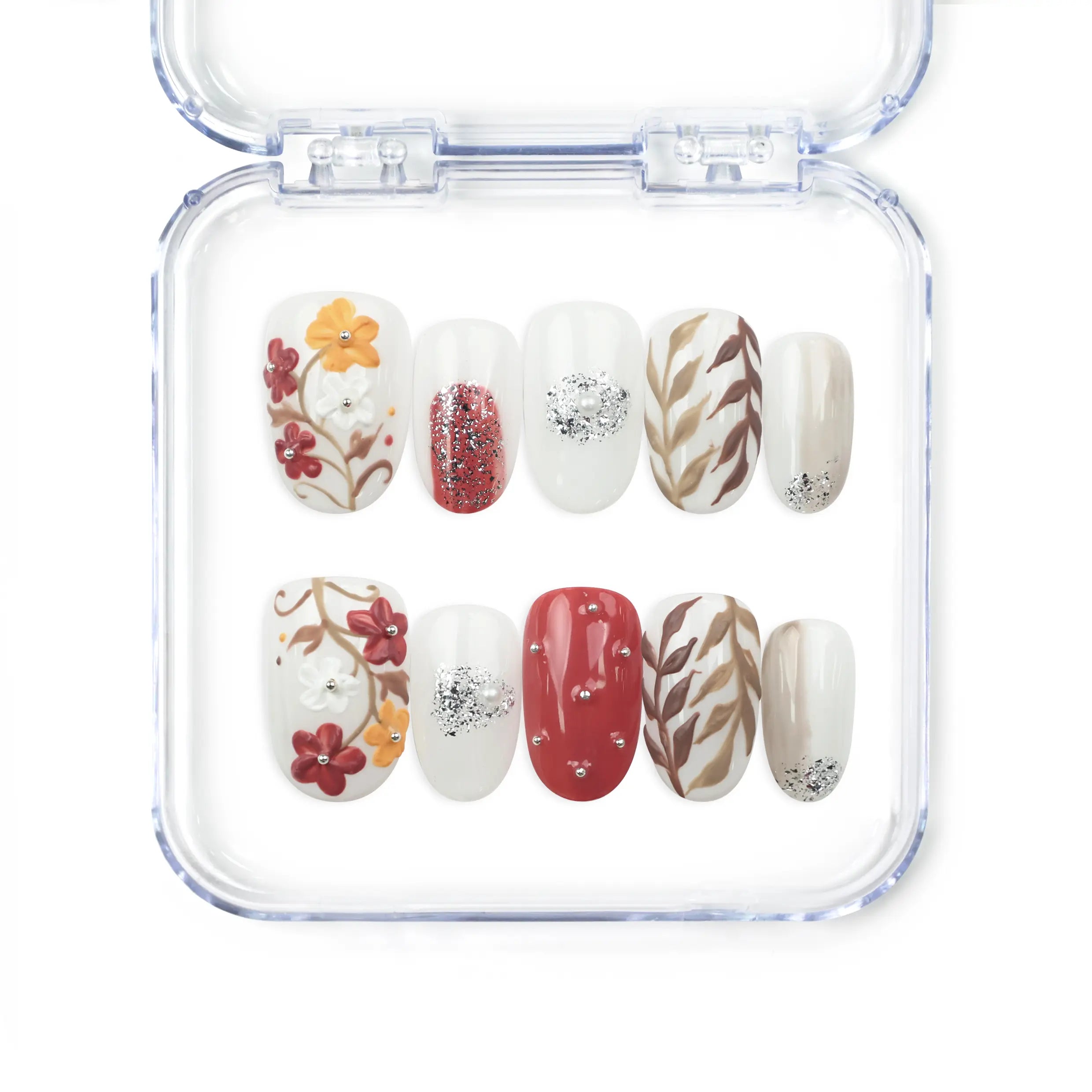 Naillover Autumn Floral Sparkle handmade press on nails with autumn tones, floral patterns, leaf motifs, and glitter rhinestone details for a classic elegant look.