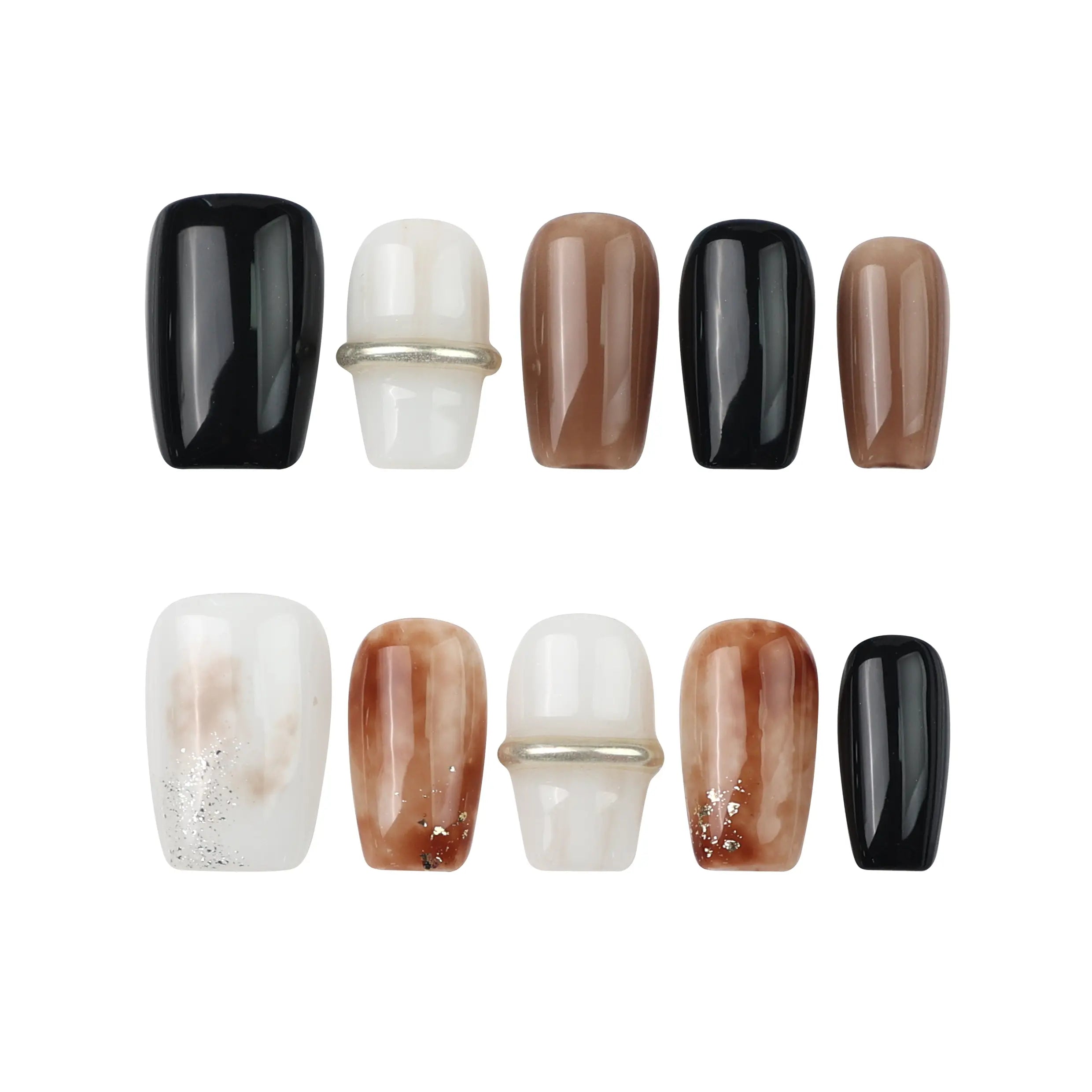 Flat lay of Naillover Blend Black press on nails on white background, showcasing full set with pearl and gold elements.