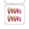 Naillover Singapore handmade pink press on nails featuring gold shimmer, 3D flower nail art, stars, and pearl accents