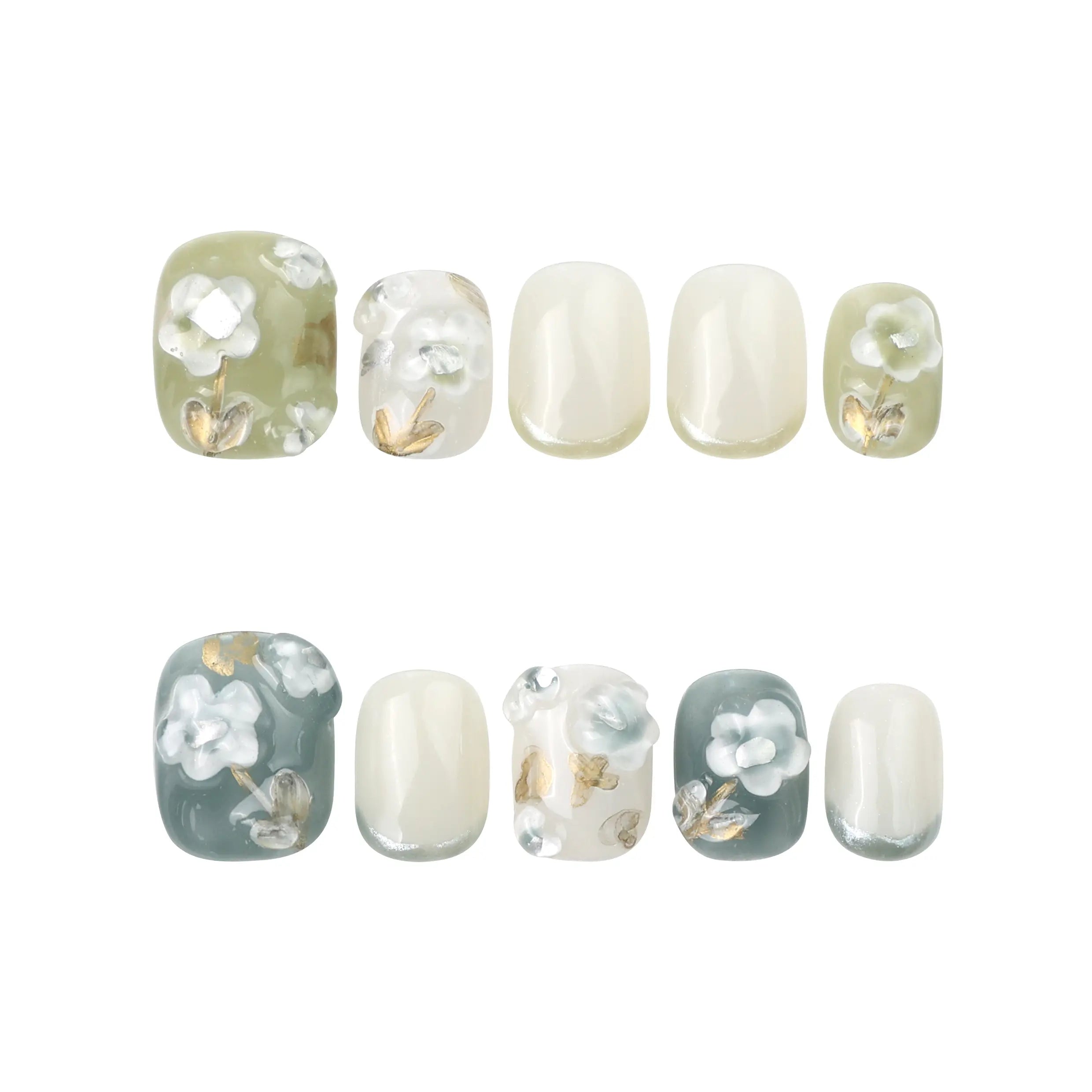 Product flatlay of press on nails with 3D white flower design, olive French fade gradient, and handcrafted detail by Naillover
