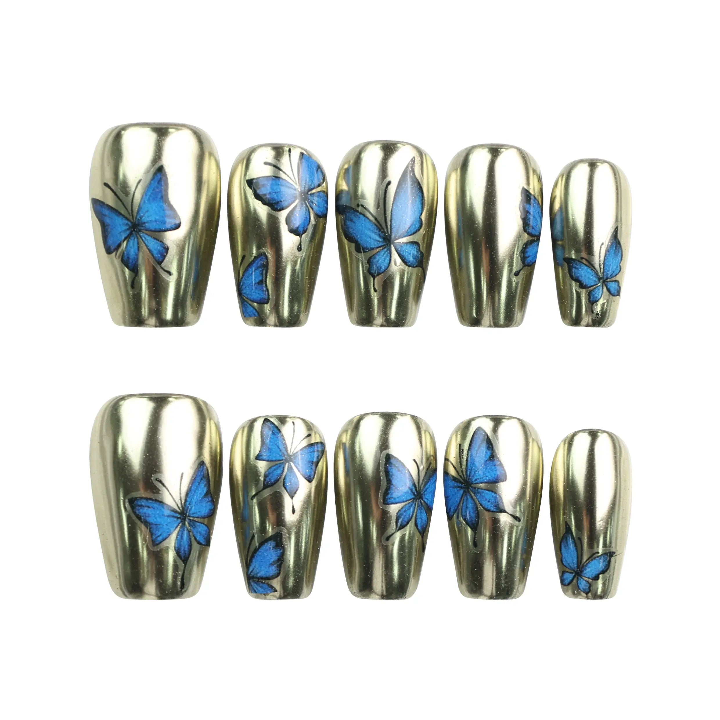 Blue Aura Singapore press on nails set by naillover on white background, showing golden sheen and blue butterfly embellishments.