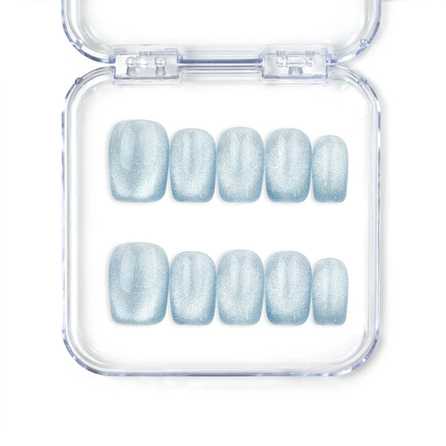 Blue Luster handmade cat eye press on nails SG with vibrant shimmer, trendy Singapore press on nails by Naillover