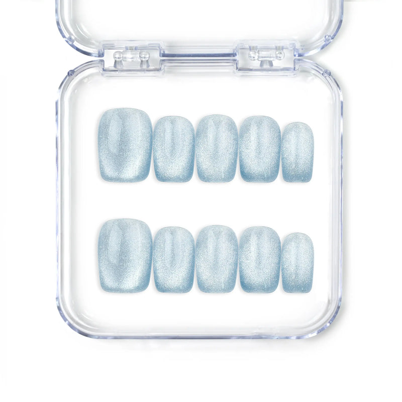 Blue Luster handmade cat eye press on nails SG with vibrant shimmer, trendy Singapore press on nails by Naillover