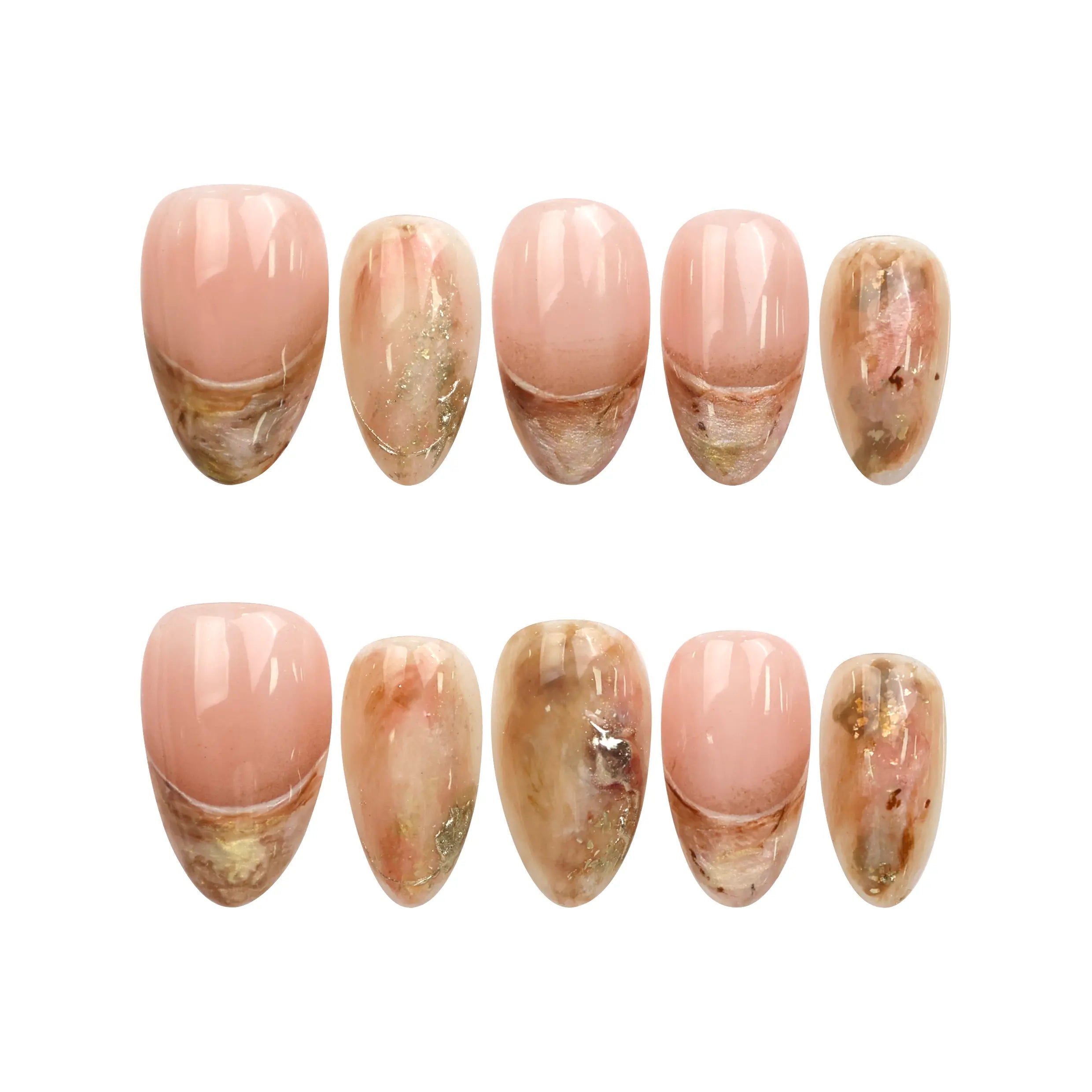 Flat lay of Naillover Blush Amber Grace handmade press on nails set featuring peach beige marble and luxurious gold accents.