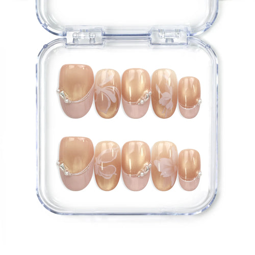 Naillover Blush Latte handmade press on nails in nude ombre with metallic stripes and pearlescent accents from Singapore press on nails collection.