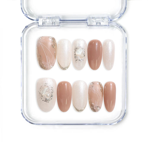 Blush Pearl Gleam handmade Singapore press on nails in brown gradient with silver glitter and marbled design – naillover