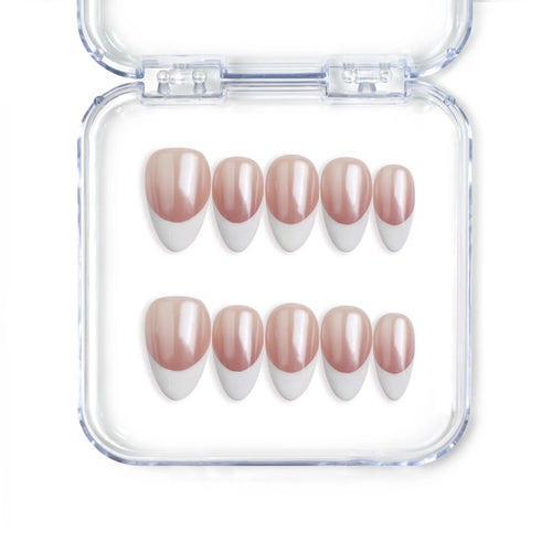 Handmade Singapore press on nails by Naillover in short almond shape with taupe to white gradient