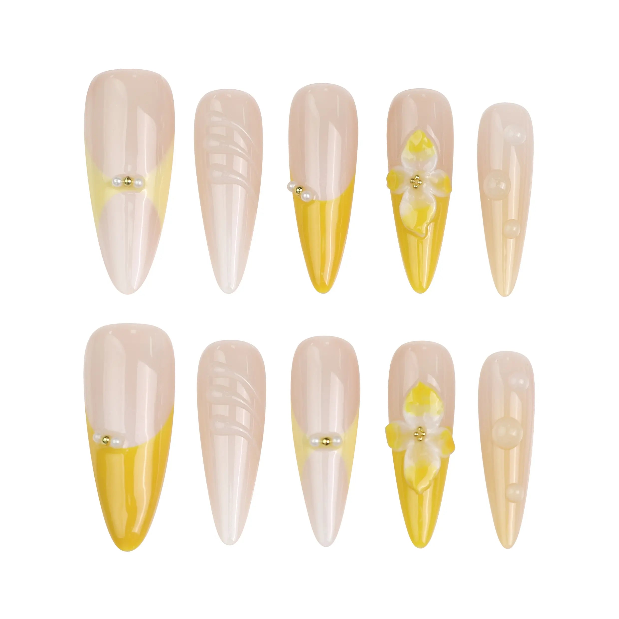 Flat lay of Singapore handmade stiletto press on nails with eye-catching 3D swirl art in yellow and cosmic metallic shades by Naillover