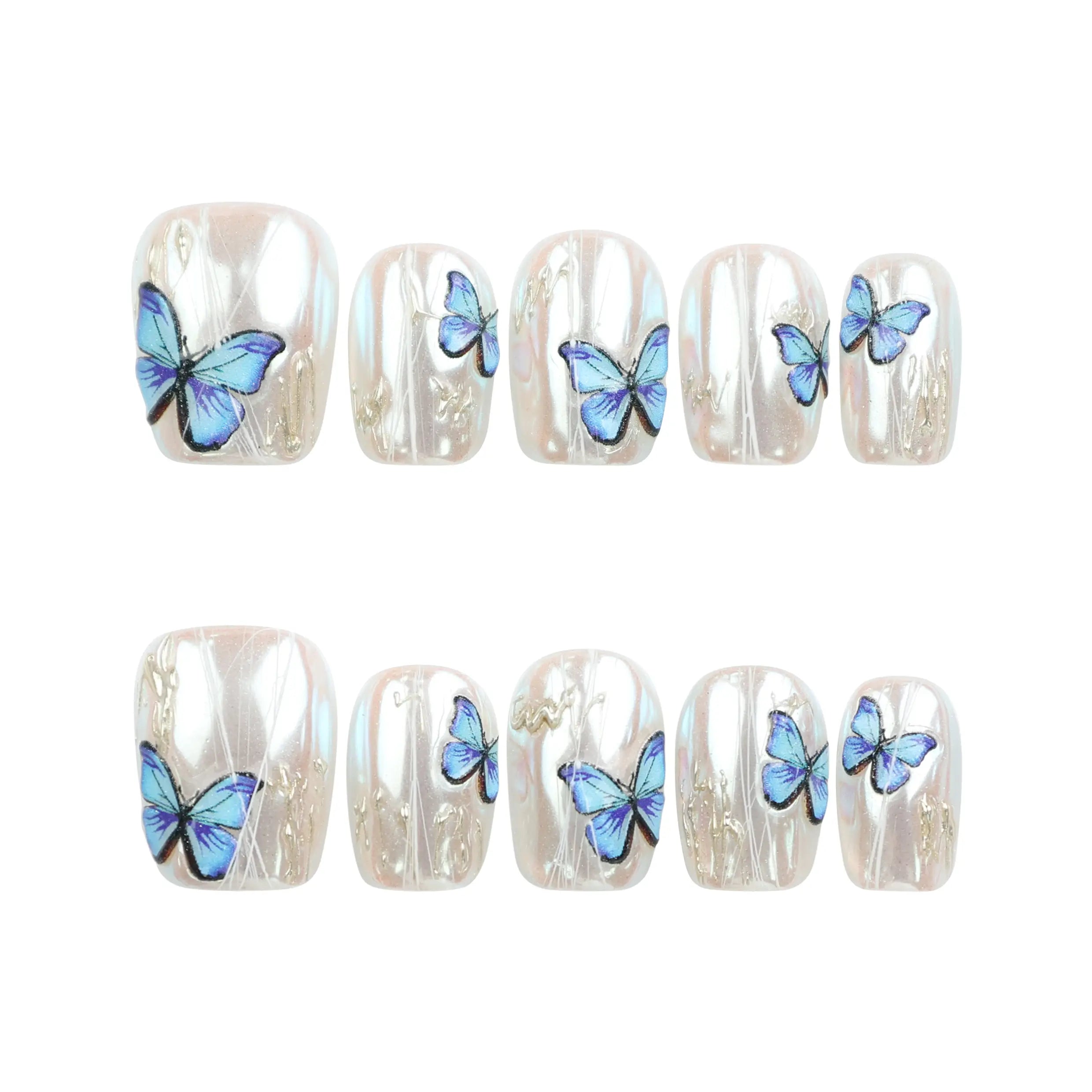 Butterfly Light short press-on nails set with chrome base and blue butterflies, handmade in Singapore by Naillover.