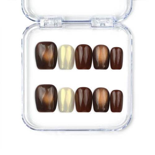 Dark brown Caramel Glaze cat eye press on nails Singapore handmade set by Naillover, showcasing a glossy magnetic effect.