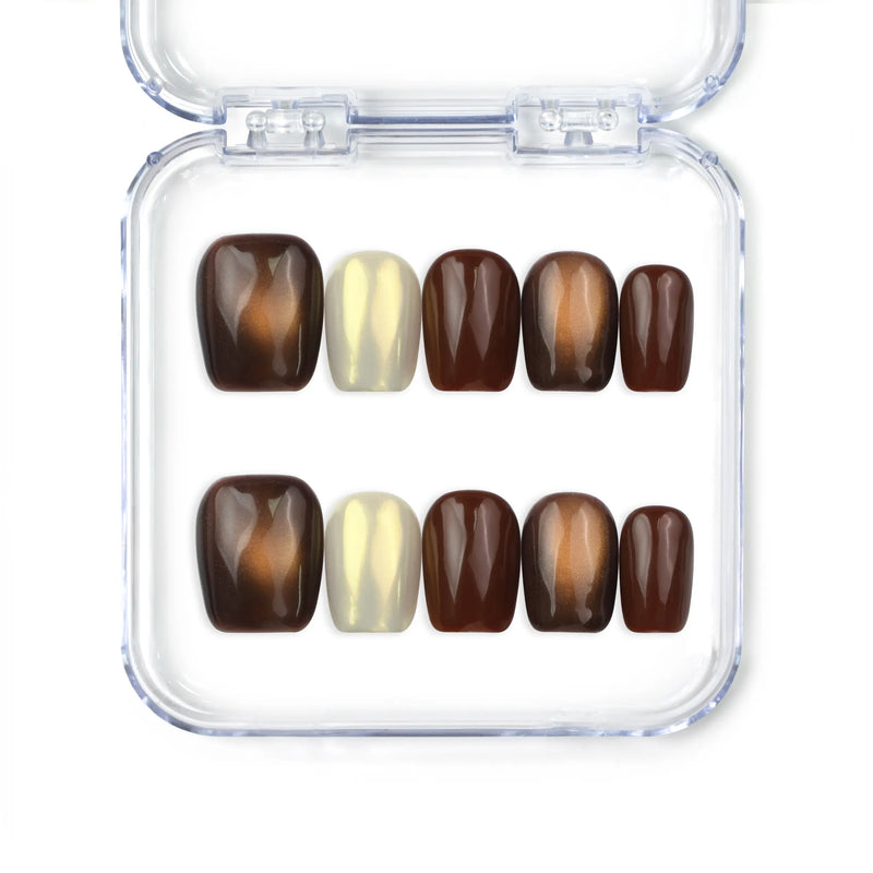 Dark brown Caramel Glaze cat eye press on nails Singapore handmade set by Naillover, showcasing a glossy magnetic effect.