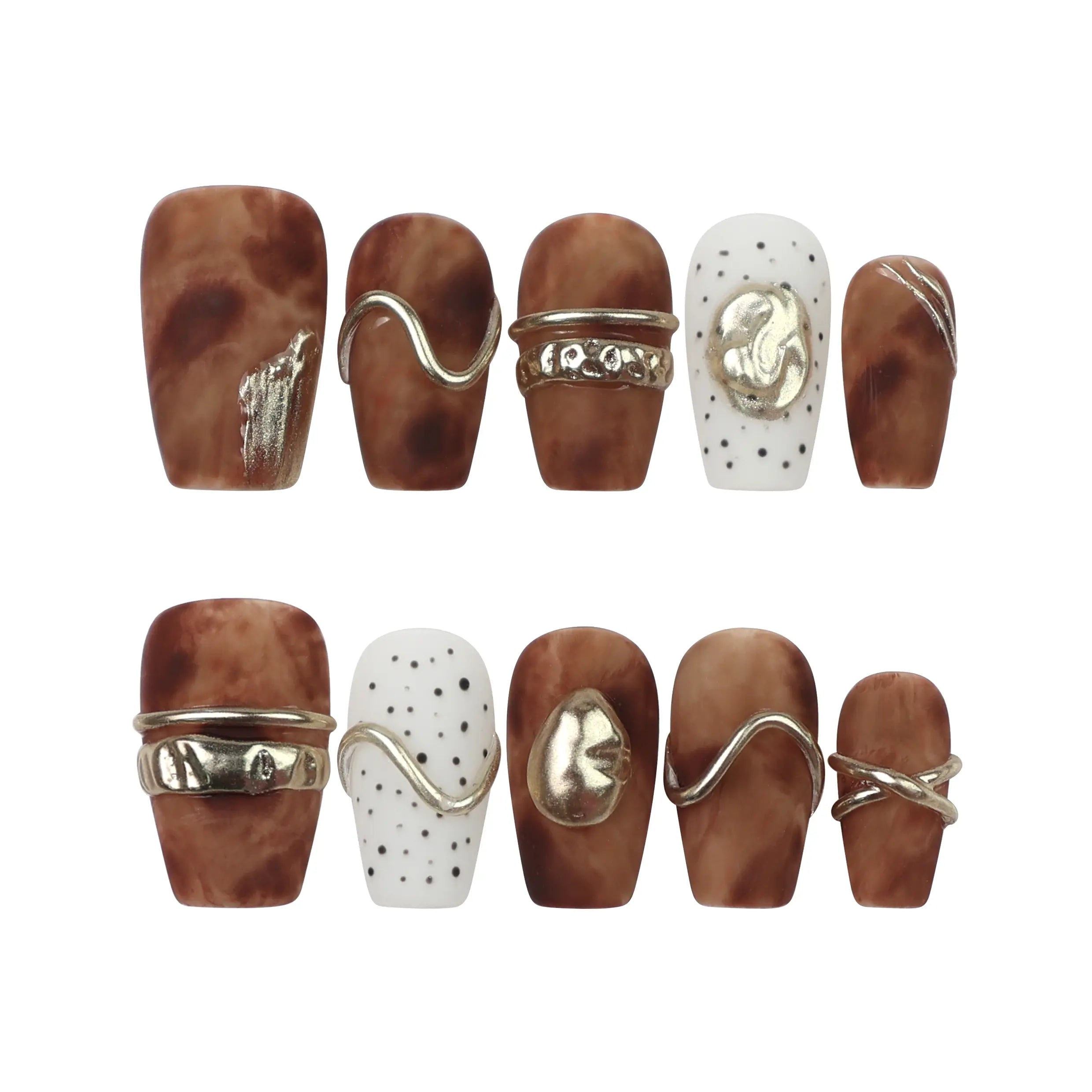 Flat lay of Naillover Caramel Luxe handmade Singapore press on nails on white background, showing full set and included tools.