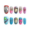 Product display of Naillover’s Singapore-made press-on nails with colorful doodle art and expressive smiley faces in short oval shape
