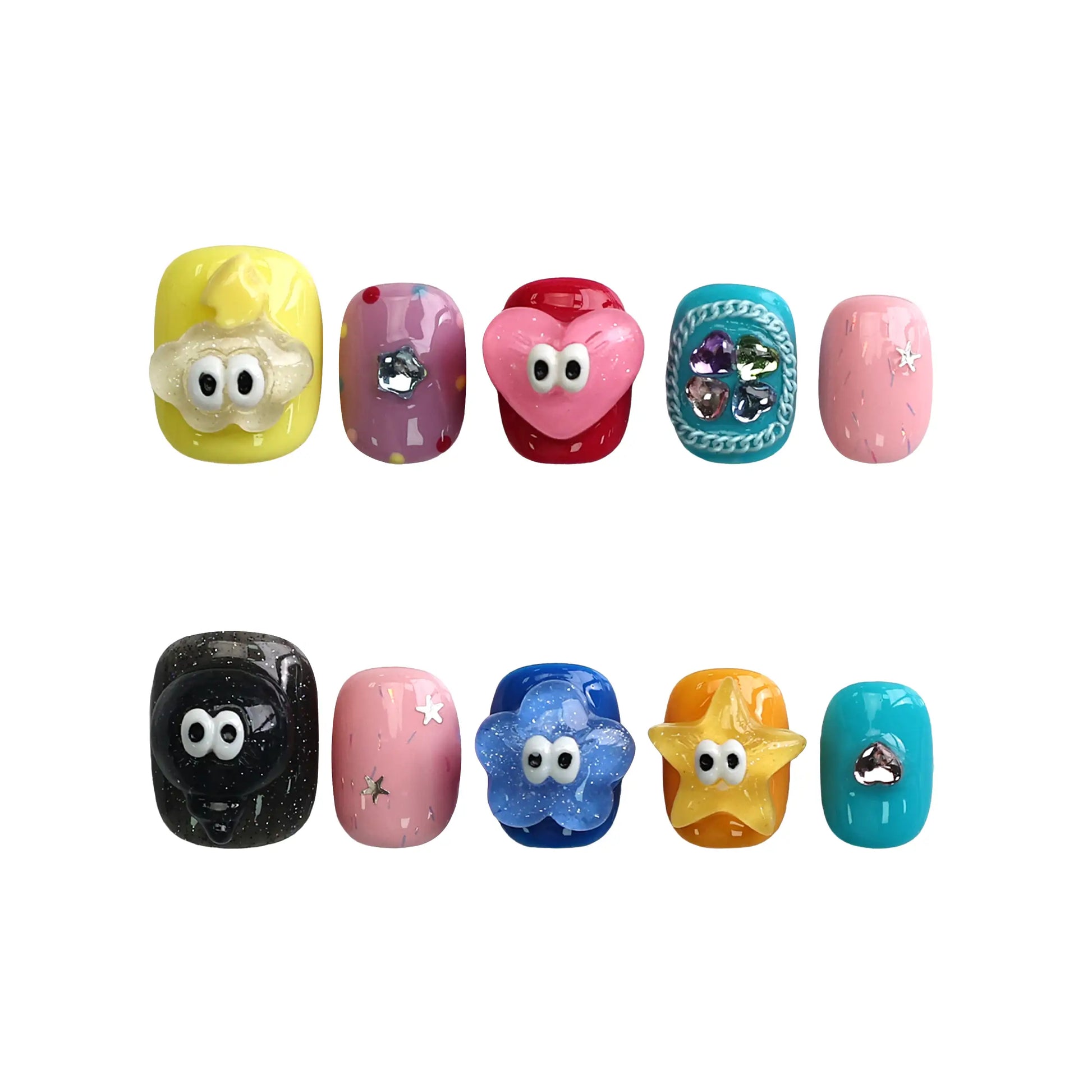 Product display of Naillover’s Singapore handmade short press-on nails with vibrant 3D art and squoval silhouette