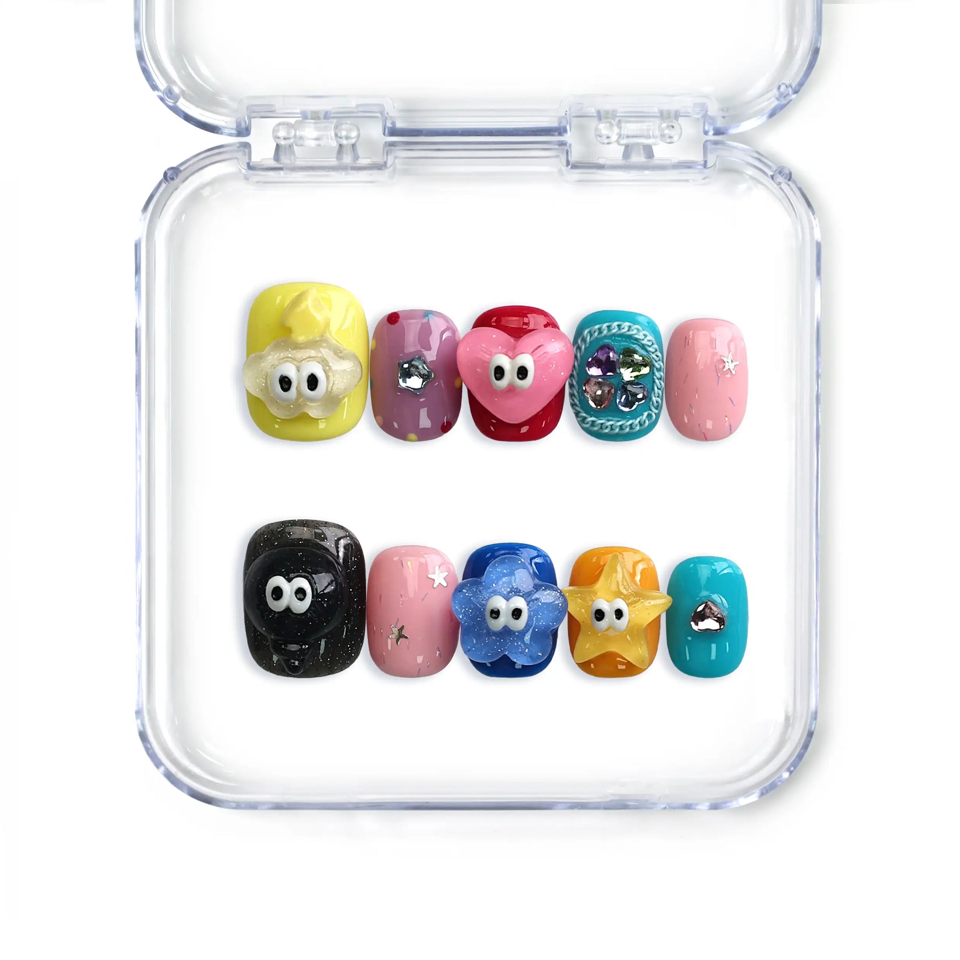 Handmade Singapore press on nails in short squoval shape, featuring 3D flowers, hearts, and colorful googly eyes from Naillover.