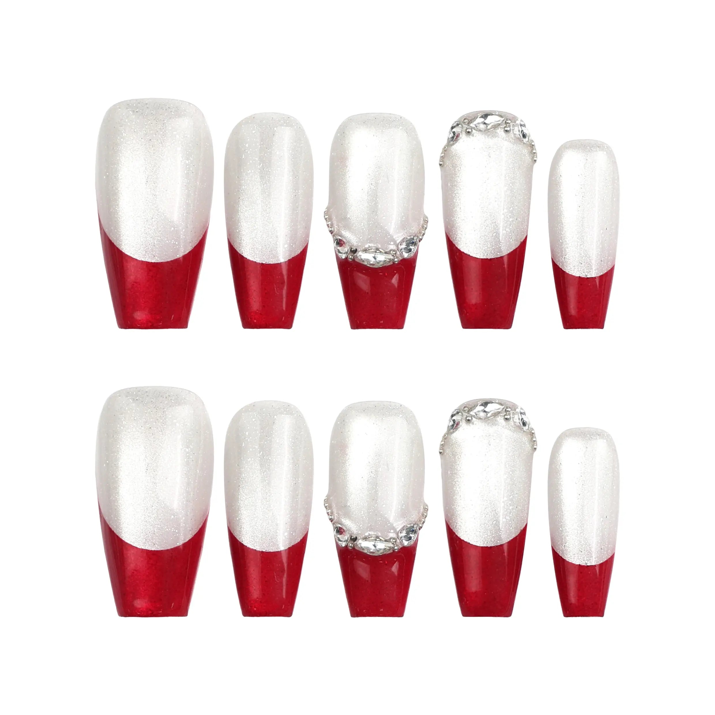 Product display of Naillover’s Singapore handmade red coffin press-on nails with silver glitter ombré effect