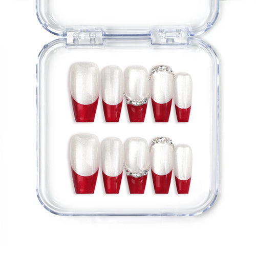 Naillover Singapore handmade red press on nails in coffin shape with crimson to silver glitter ombré
