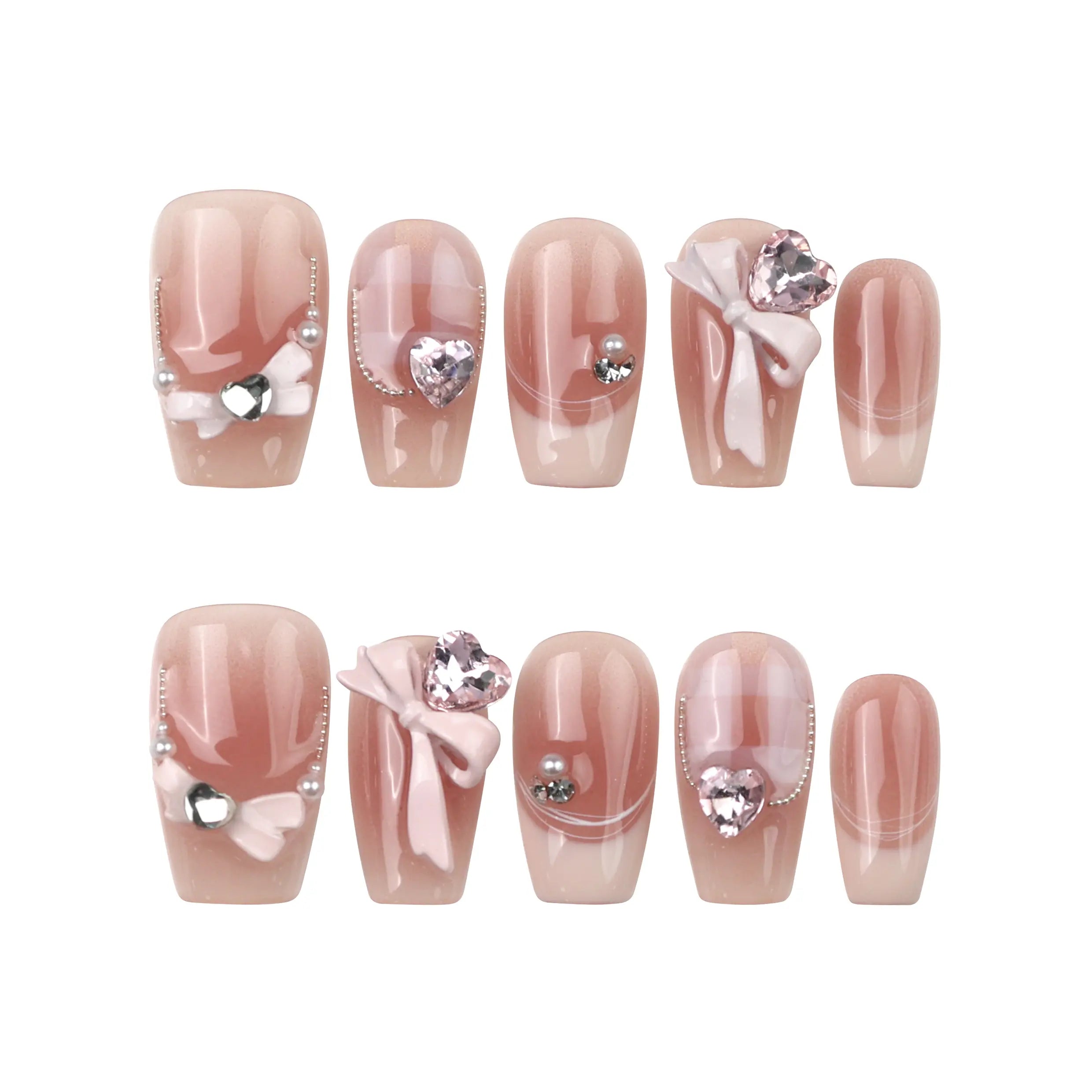Cherry Bow Crush handmade press on nails in medium coffin shape with pink gingham, 3D bows, and rhinestones displayed on white background