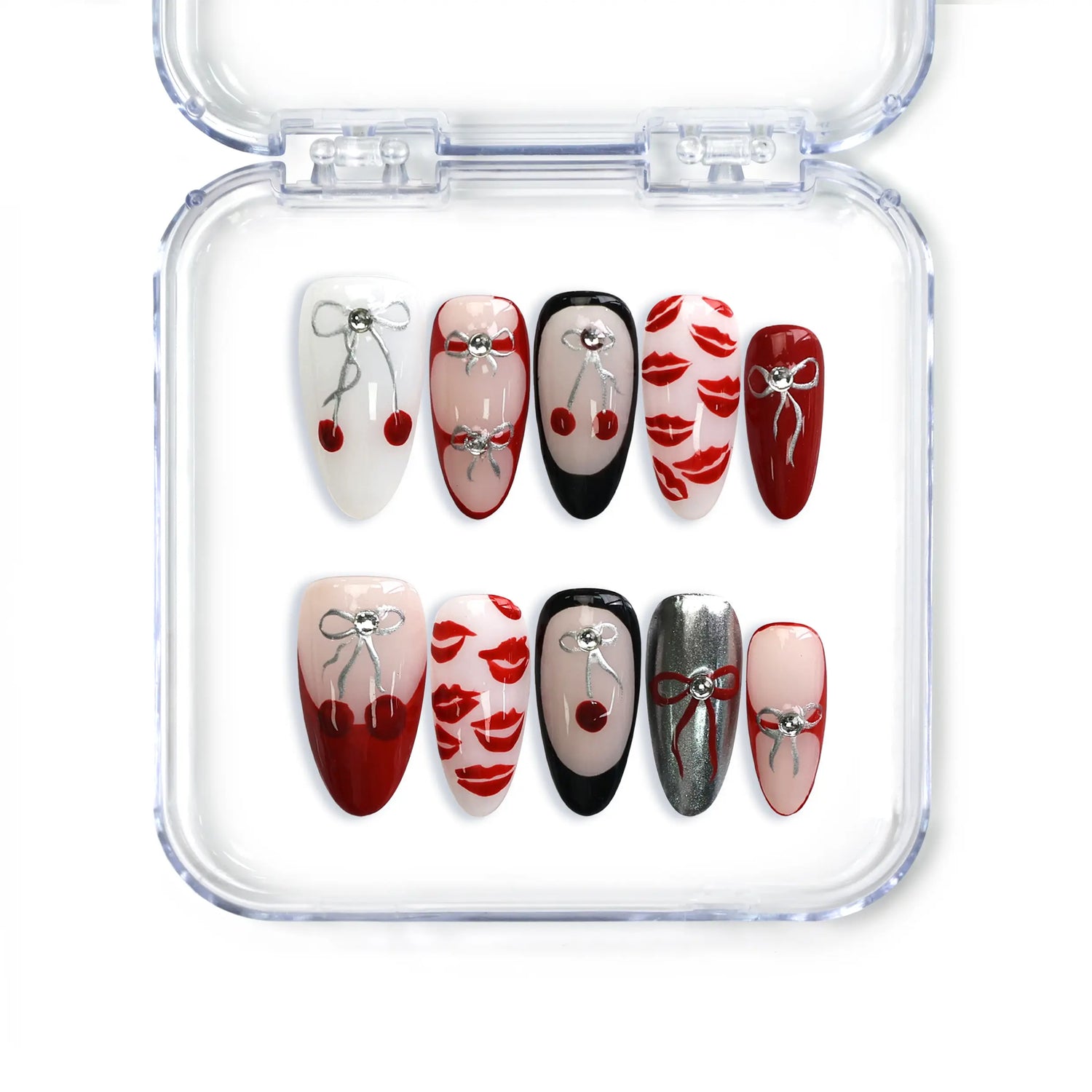 Medium almond red press-on nails with cherry lips and bows, handmade in Singapore by Naillover.