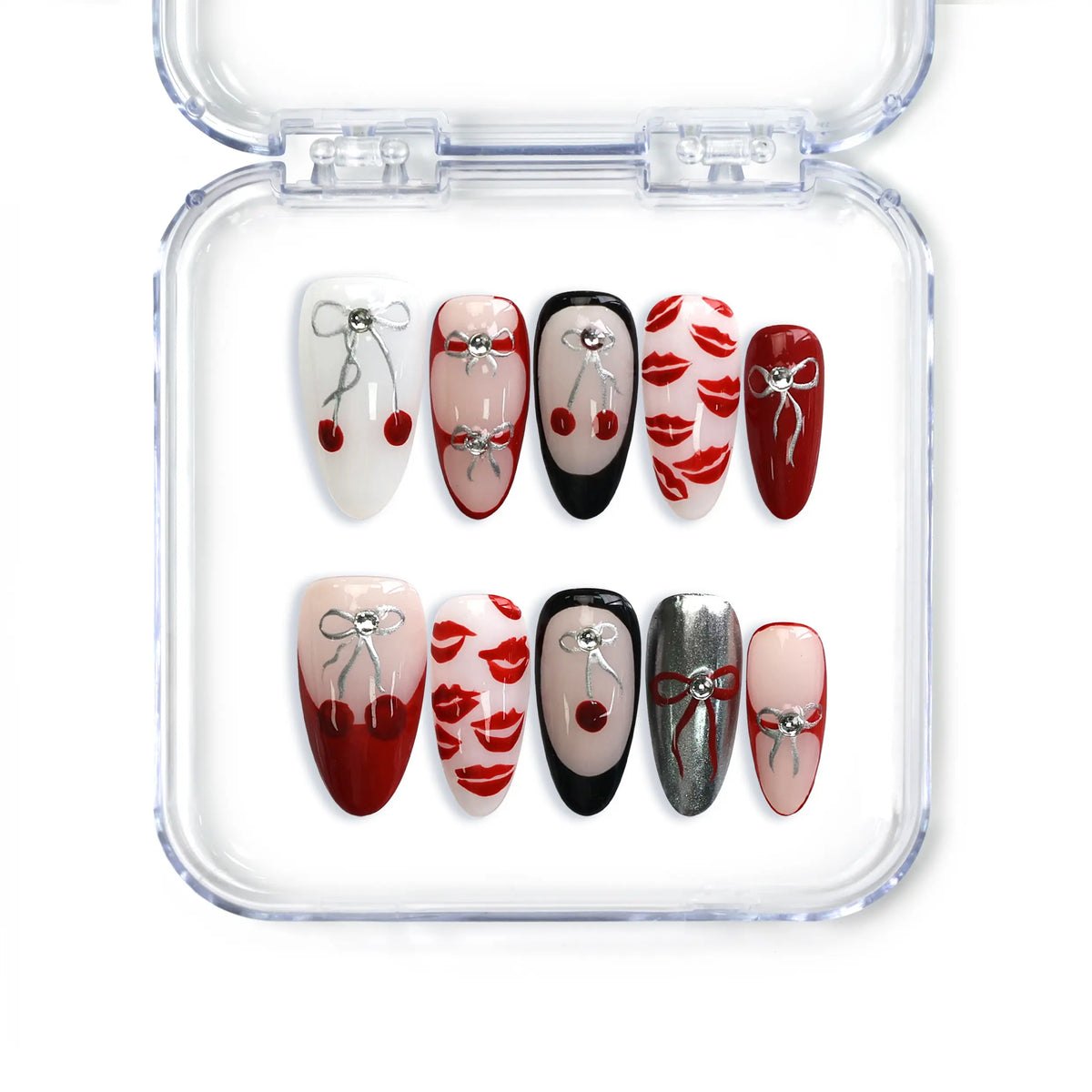 Medium almond red press-on nails with cherry lips and bows, handmade in Singapore by Naillover.