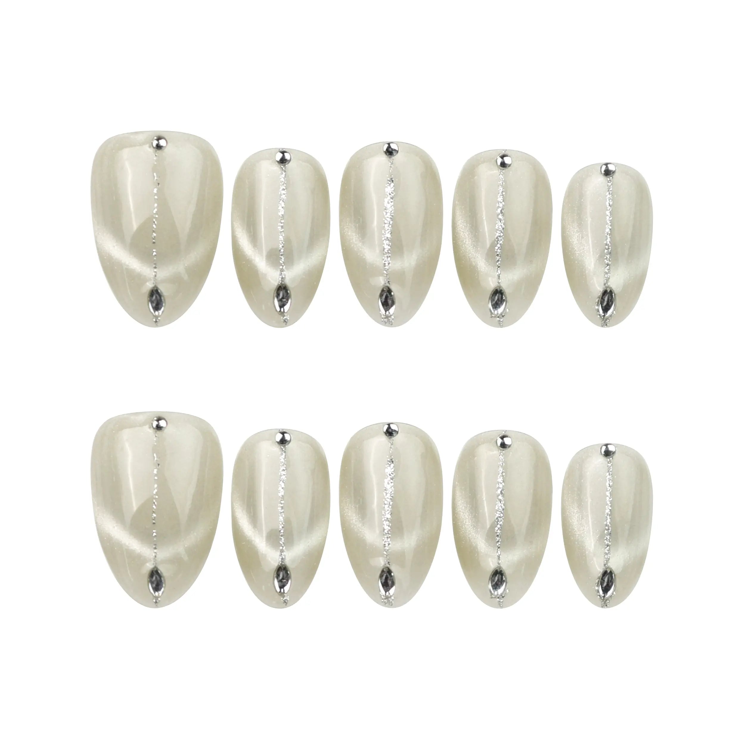 Clean Sand almond press on nails arranged neatly on white background, showing shimmer gradient and nail art detail.