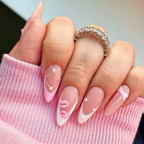 Coquette style Custom Singapore handmade press on nails with blush tones, bows, and lace details