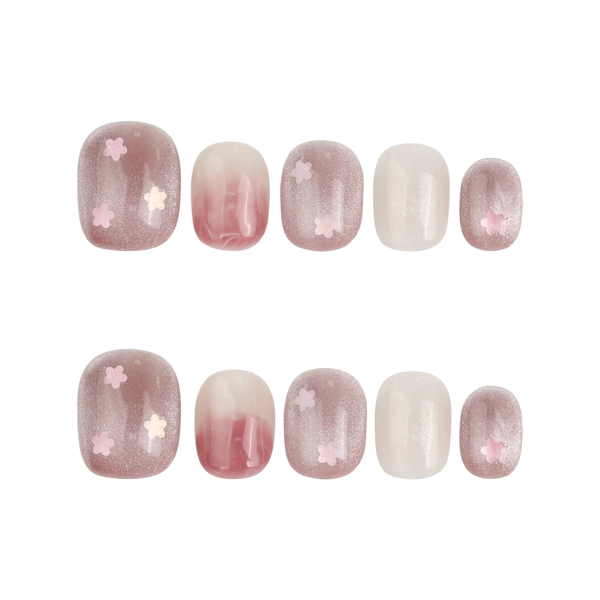 Product display of short nude squoval press on nails with handcrafted pink flower art, made in Singapore by Naillover