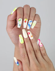 Singapore handmade press on nails in a cute coffin shape, featuring colorful line art, stars, and playful artistic details