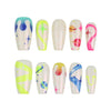Flat lay of Singapore handmade medium coffin press on nails with neon squiggle art, stars, and colorful abstract graphics by Naillover
