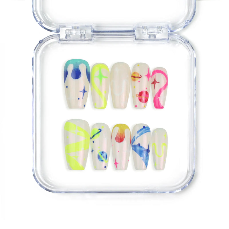 Singapore handmade coffin cute medium press on nails with neon squiggles, stars, and colorful abstract art by naillover