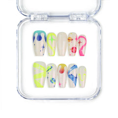 Singapore handmade coffin cute medium press on nails with neon squiggles, stars, and colorful abstract art by naillover