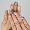 Hand wearing Cozy Plaid Glaze short coffin plaid press on nails with cat-eye shimmer, Naillover handmade nails Singapore