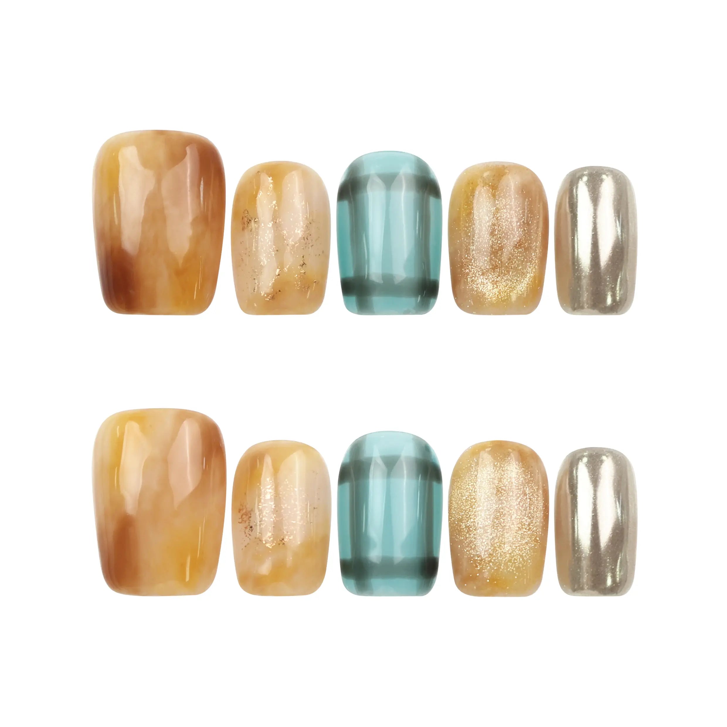 Cozy Plaid Glaze short coffin plaid press on nails with cat-eye shimmer and chrome, Naillover handmade nails on white background