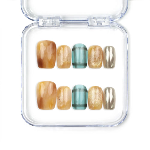 Naillover Cozy Plaid Glaze short coffin handmade press on nails in brown plaid with cat-eye shimmer and chrome accents, Singapore collection